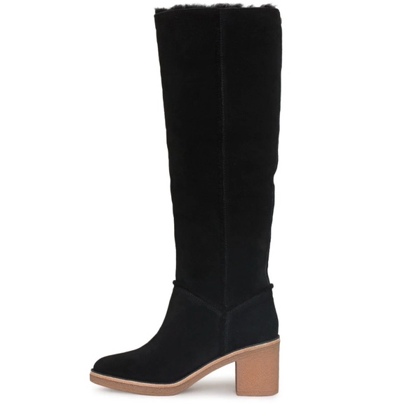 UGG Kasen Tall Black Suede Sheepskin Block Heel Boots Shearling Trim size 10 - Picture 1 of 16